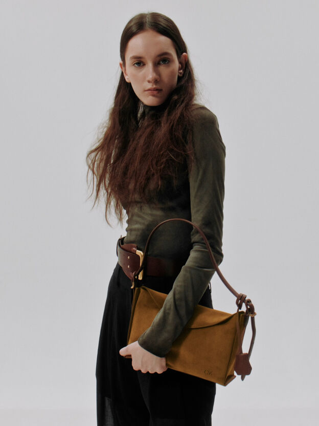 レザー＆スエード トップフラップ ホーボーバッグ, ブラウン, hi-res