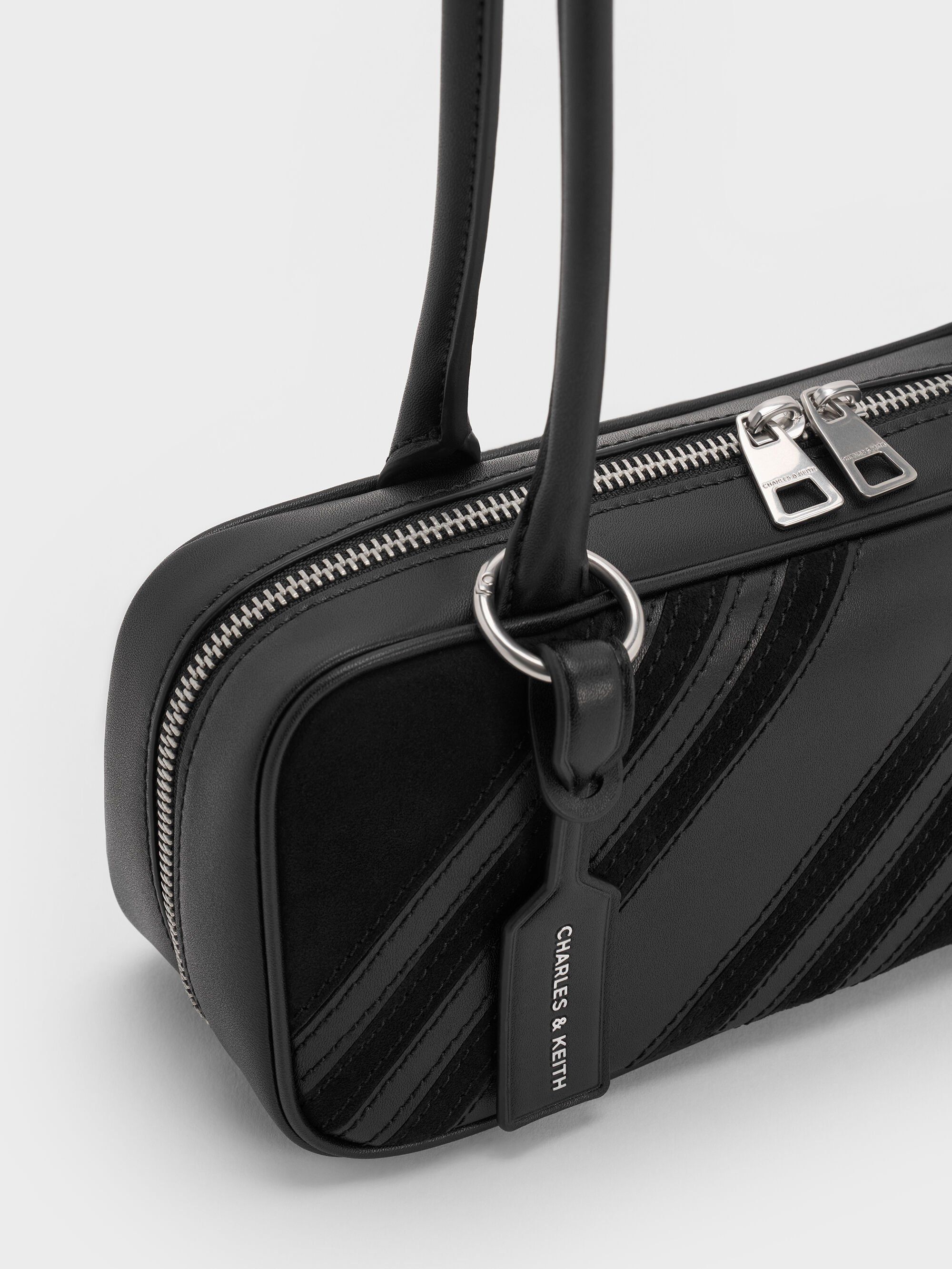 Zeya リサイクルスエード ストライプショルダーバッグ - ノワール