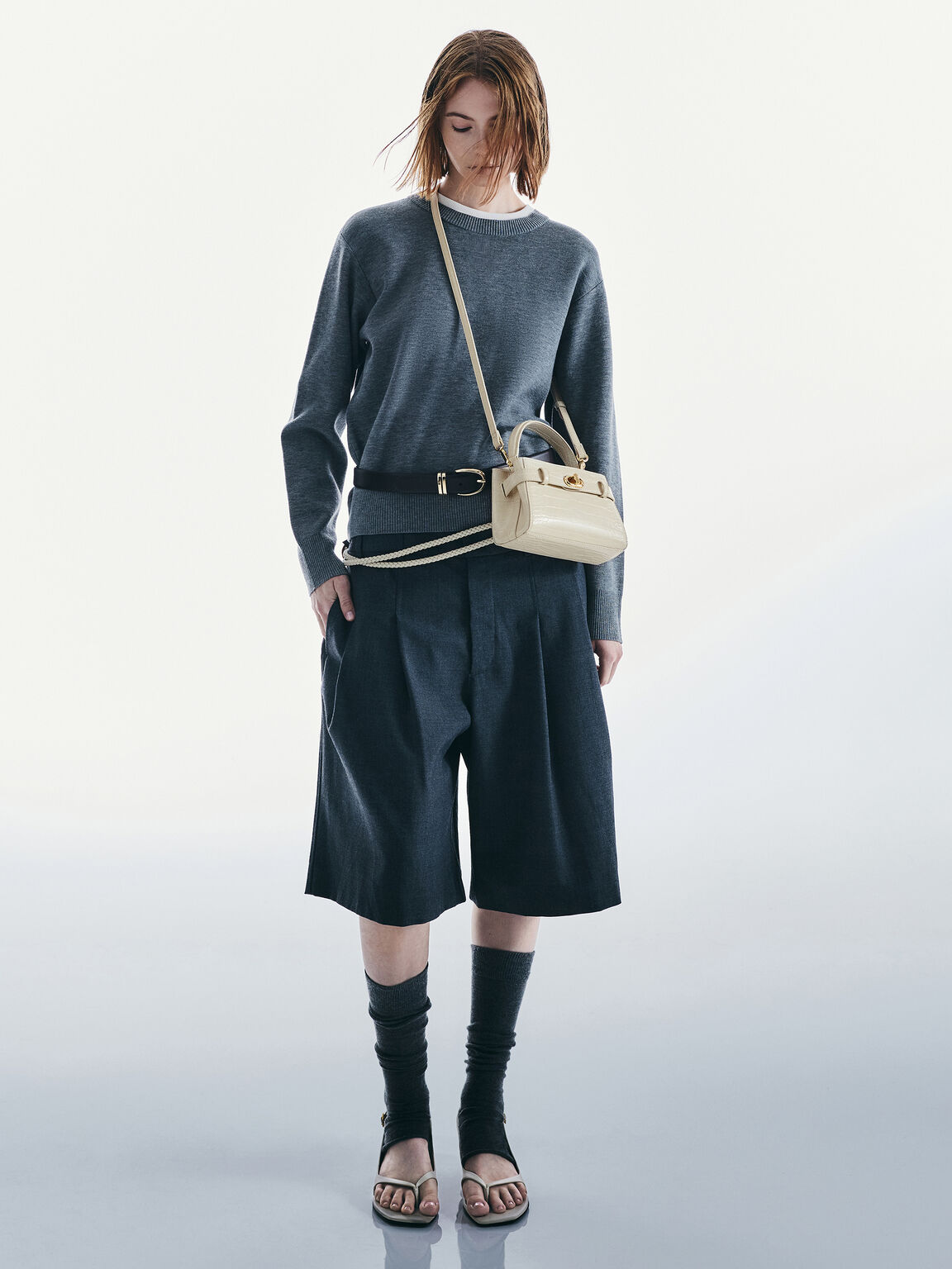 Aubrielle オブリエル クロックエフェクトトップハンドルバッグ, アイボリー, hi-res