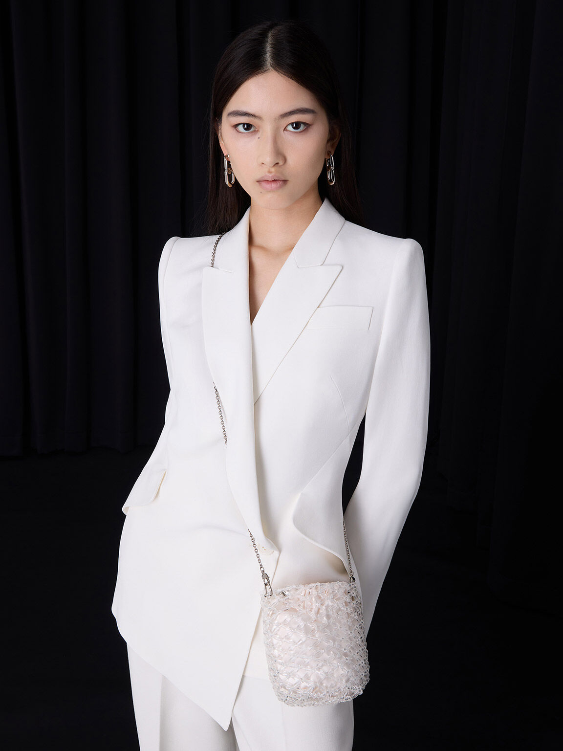 ビーズド チェーンハンドルバケツバッグ, ホワイト, hi-res