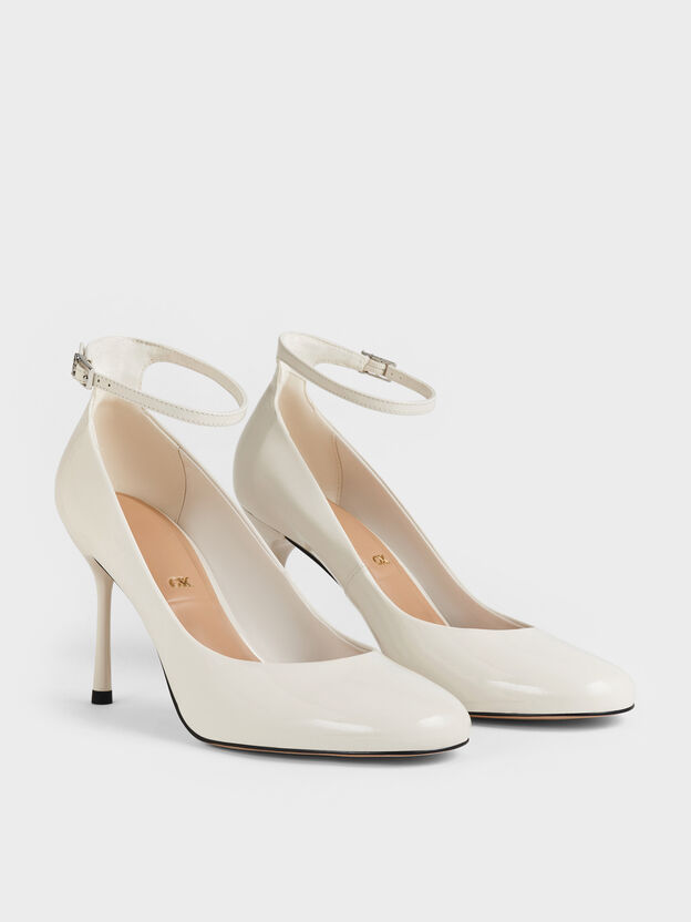 Aretha アレサ パテントレザーアンクルストラップスティレットパンプス, チョーク, hi-res