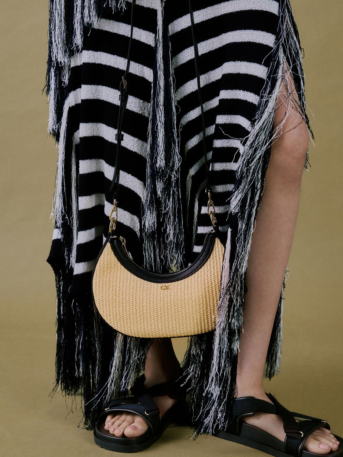 ラフィア&レザー クレセントホーボーバッグ, ニュートラルラフィア, hi-res