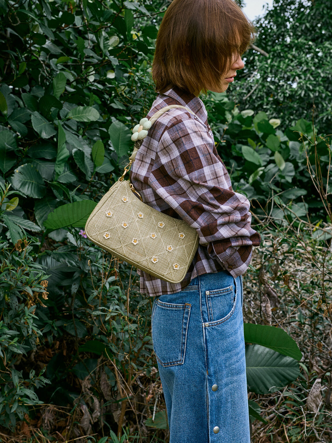 Philomena フィロメナ ラフィア フラワークロスボディーバッグ, ペールオリーブ, hi-res