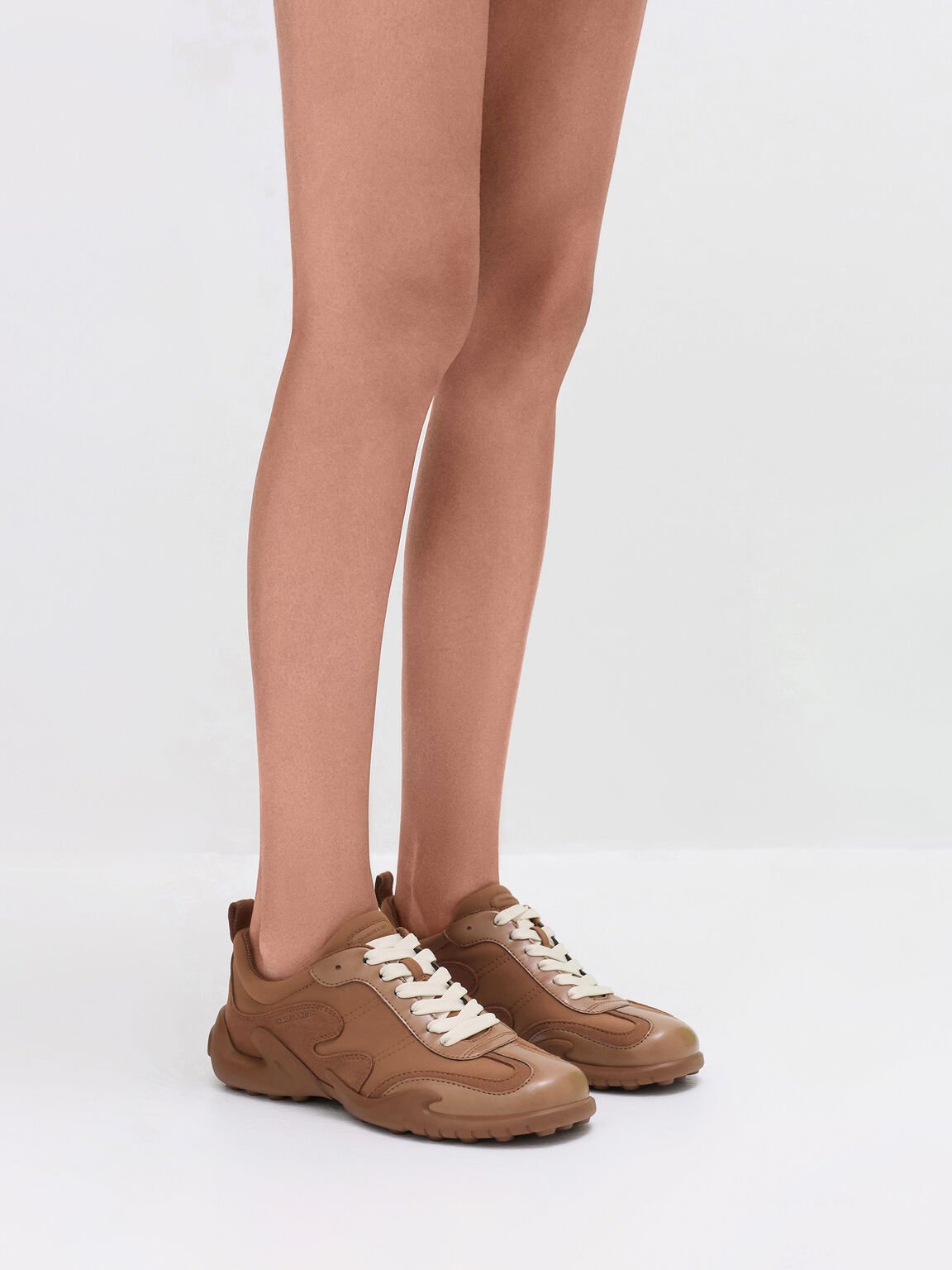 Minette ミネット ナイロンテクスチャーコントラストパネルスニーカー, コニャック, hi-res