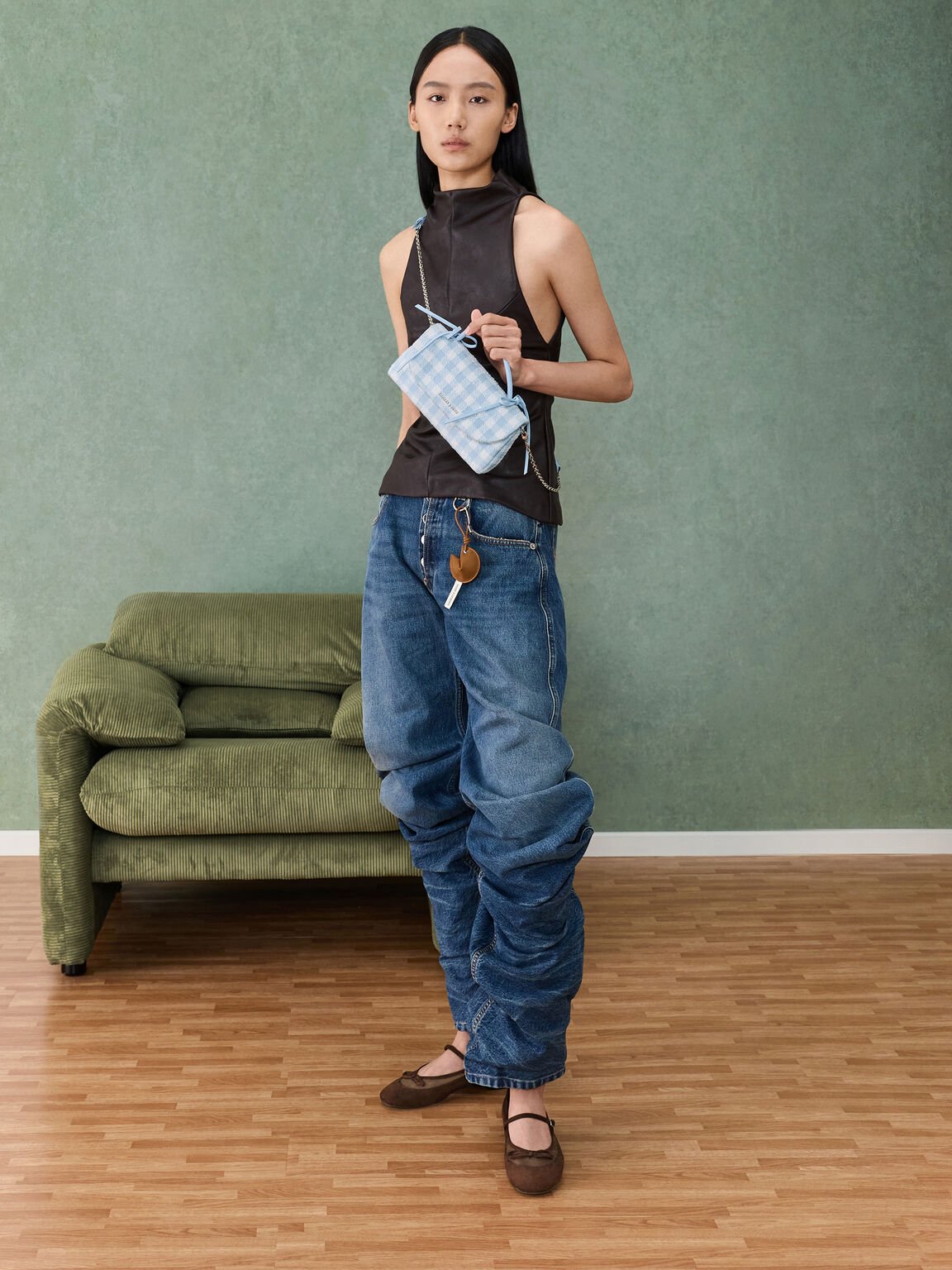 Hazel ヘーゼル ギンガムボウハンドル チェーンウォレット, ギンガムブルー, hi-res