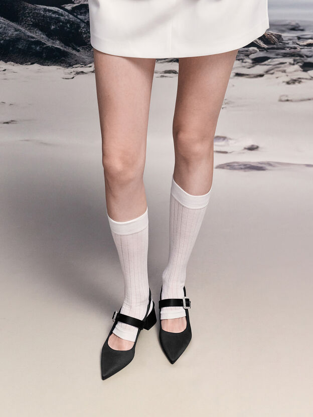 サテン クリスタルバックルブロックヒールスリングバックパンプス, ブラックテクスチャー, hi-res