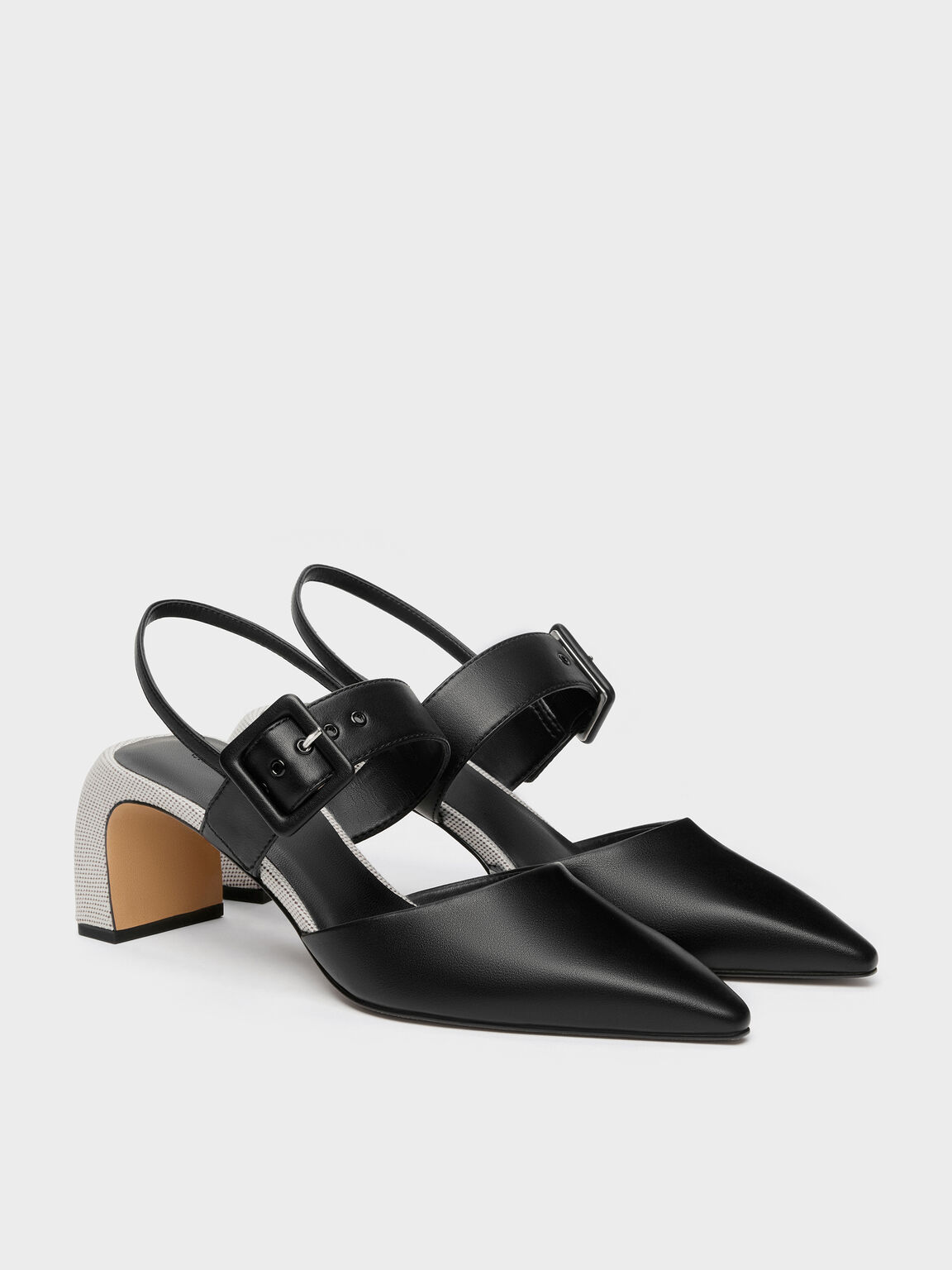 ツートーン バックルポインテッドスリングバックパンプス, ブラック, hi-res