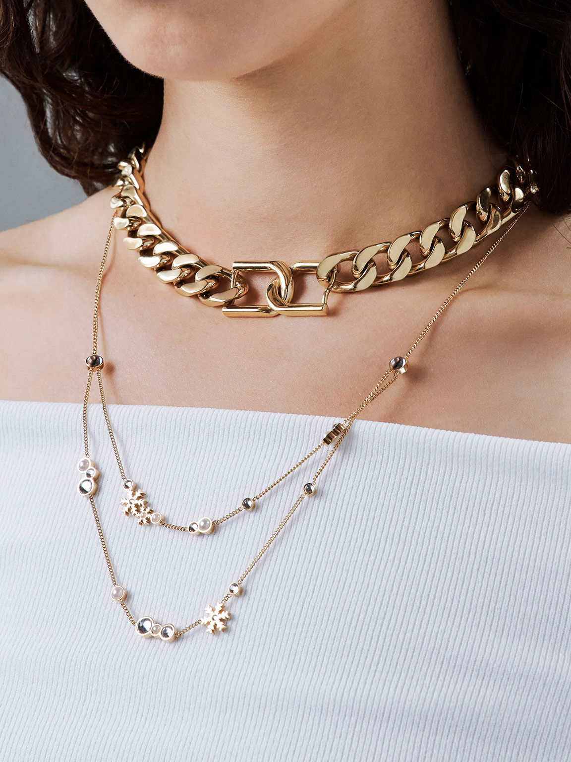 スノーフレークモチーフ パール&クリスタルダブルネックレス, ゴールド, hi-res