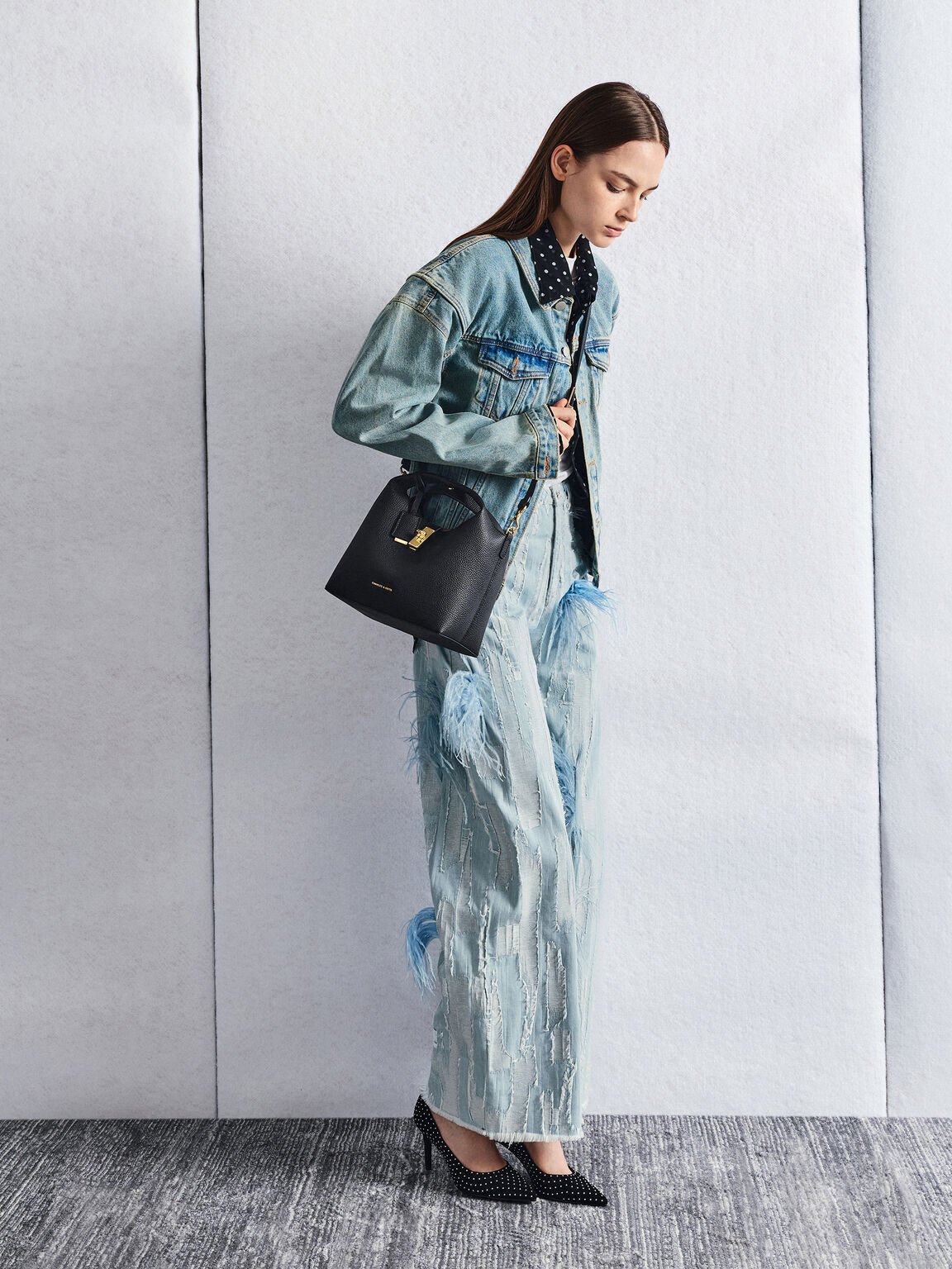 Chance チャンス メタリックアクセントバケットバッグ, ブラック, hi-res