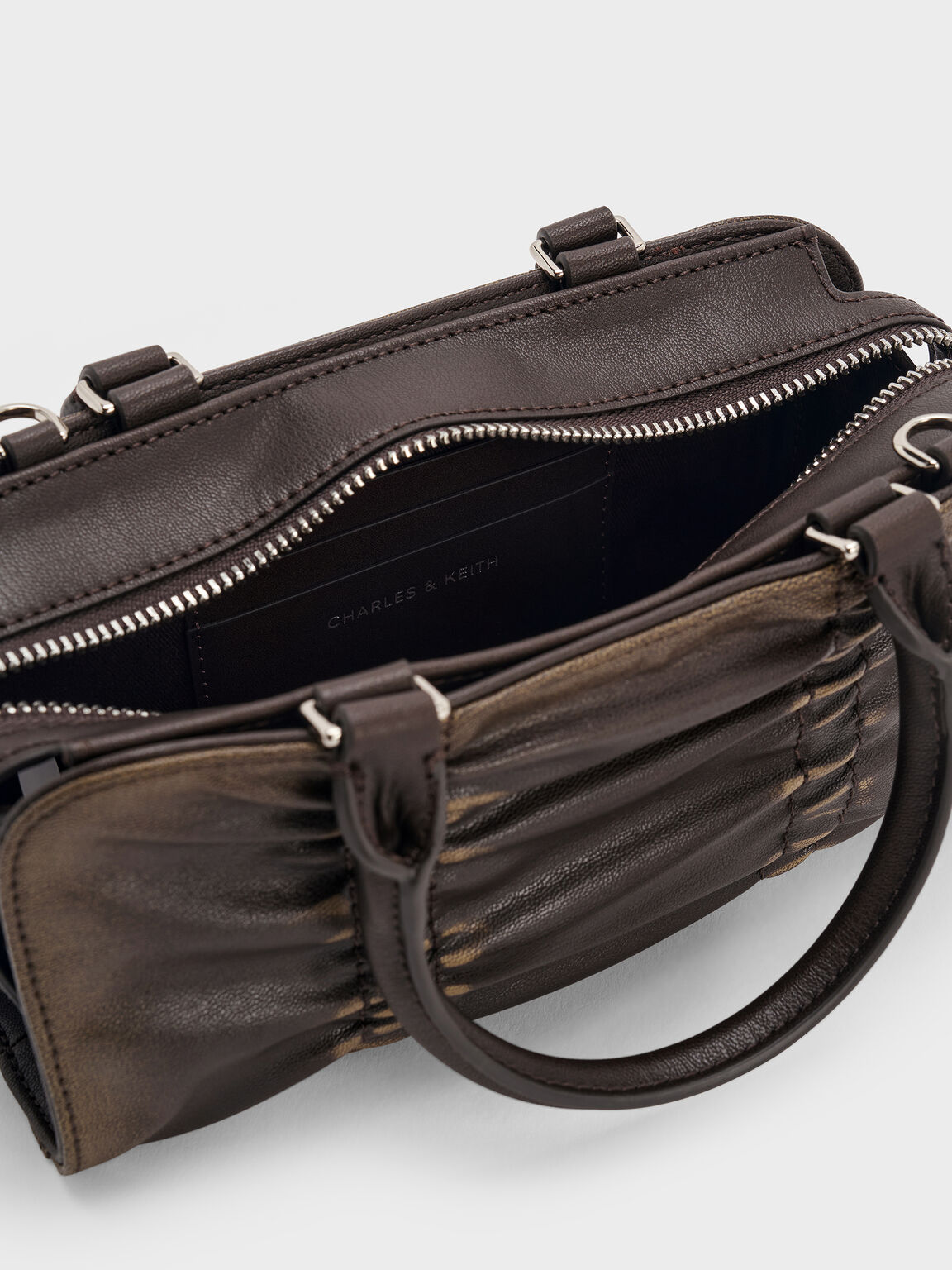 Kadee ケーディー メタリックルーシュドボウチャームボウリングバッグ, バーニシュトブラウン, hi-res