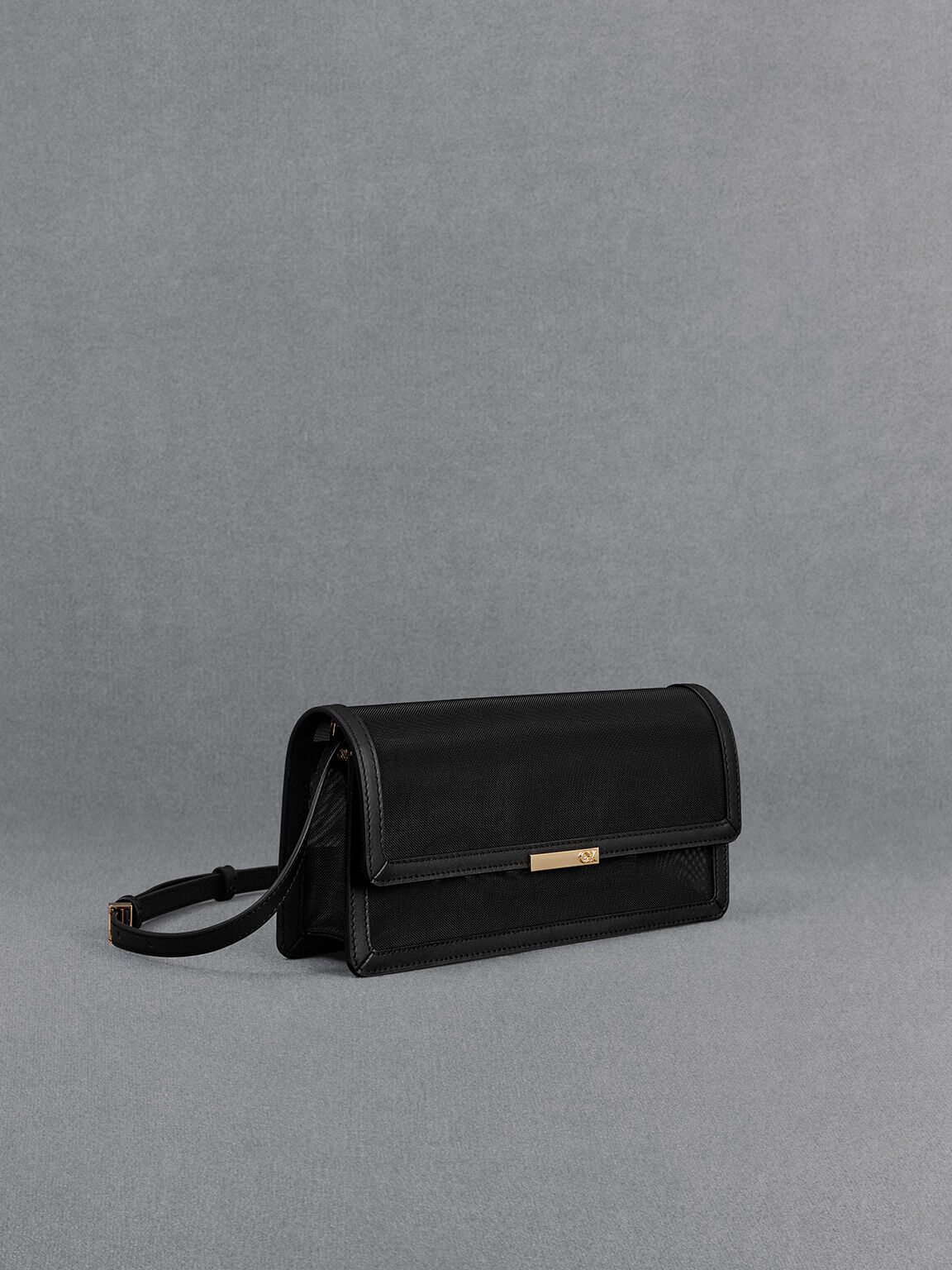 メッシュ&レザー モノグラムショルダーバッグ, ブラック, hi-res
