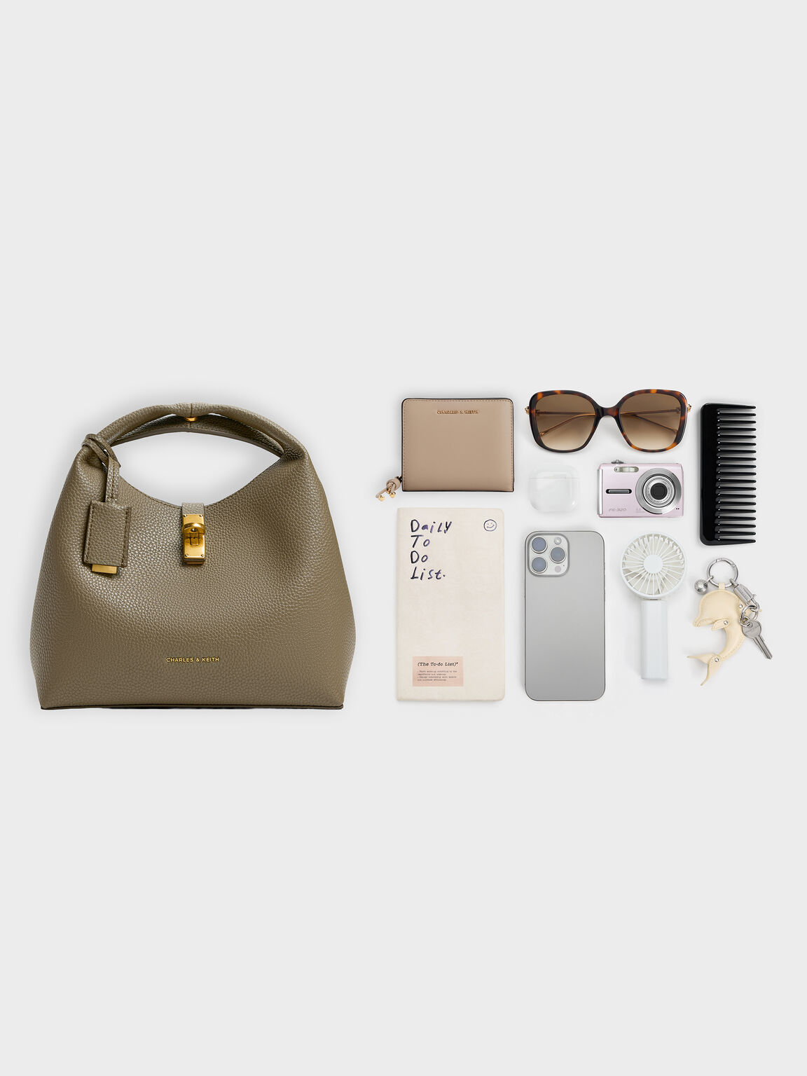 Chance チャンス メタリックアクセントバケットバッグ, ディープオリーブ, hi-res