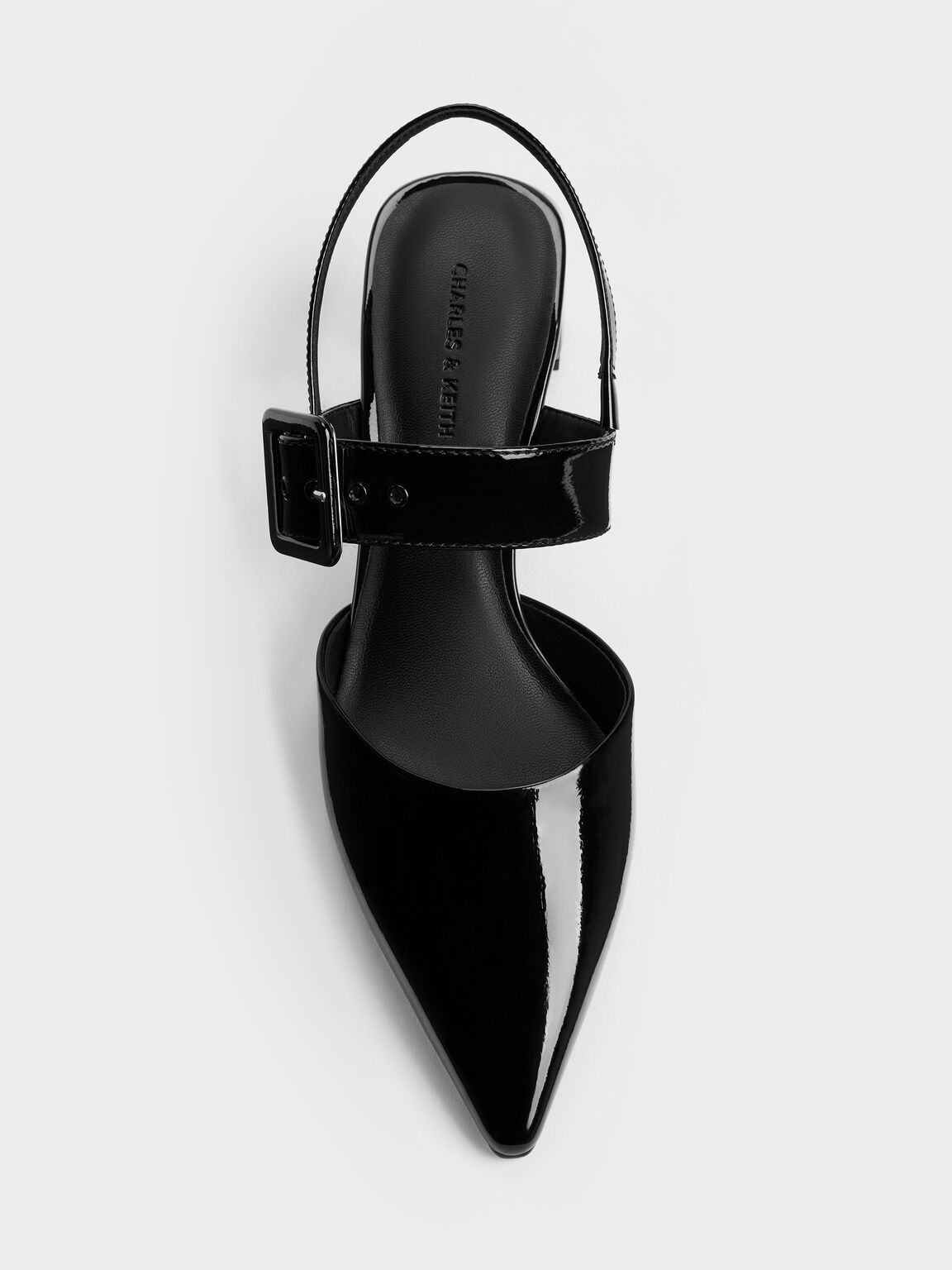 ツートーン バックルポインテッドスリングバックパンプス, ブラックパテント, hi-res