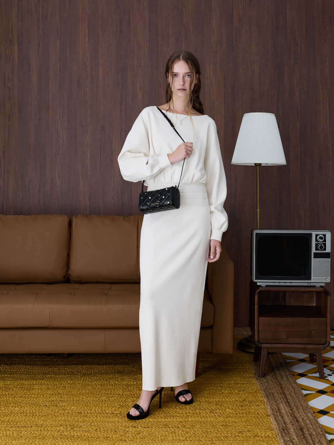 Janie ジェイニー パールエンベリッシュドキルトショルダーバッグ, ブラック, hi-res