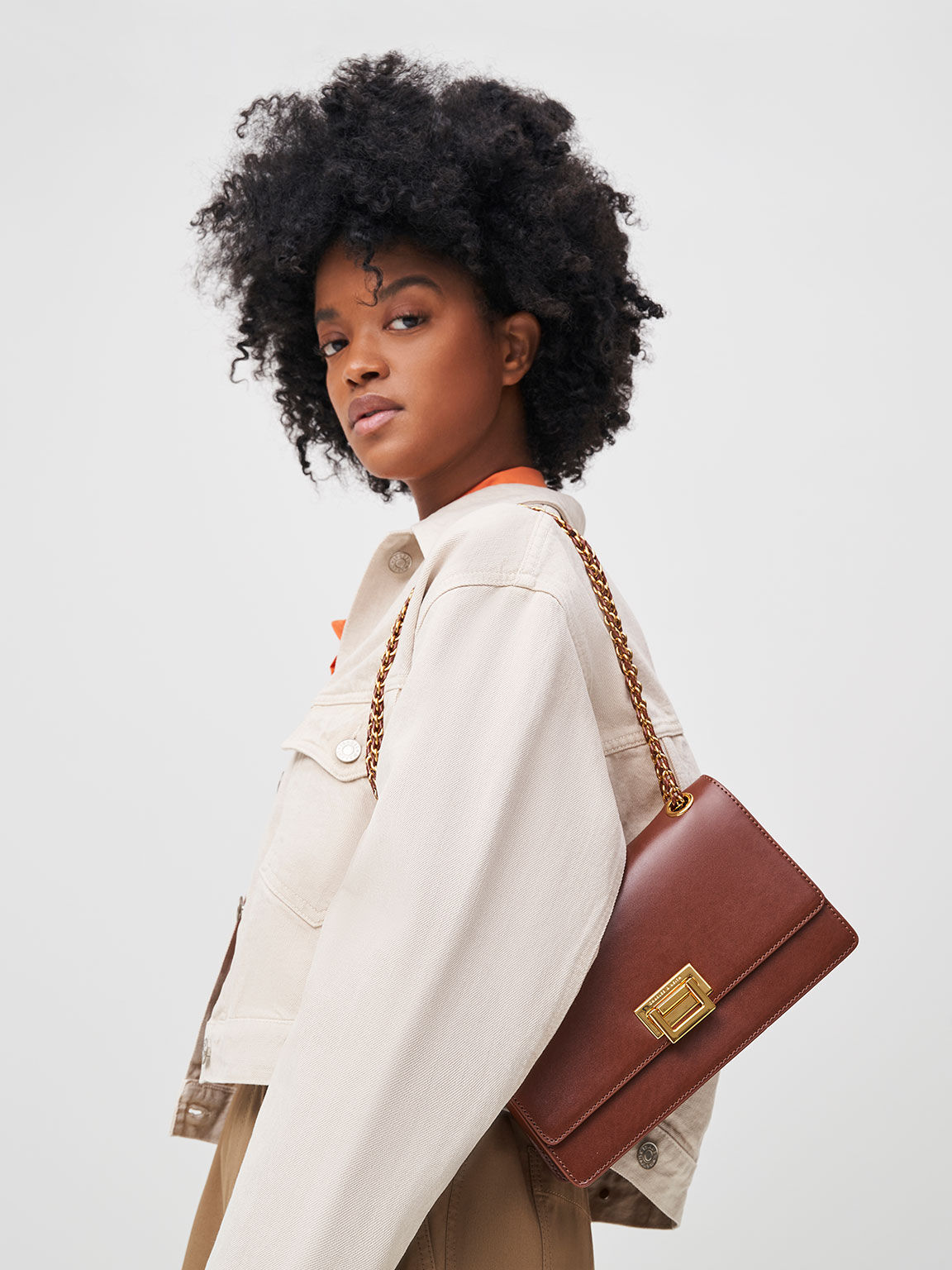 チェーンハンドル ショルダーバッグ, チョコレート, hi-res