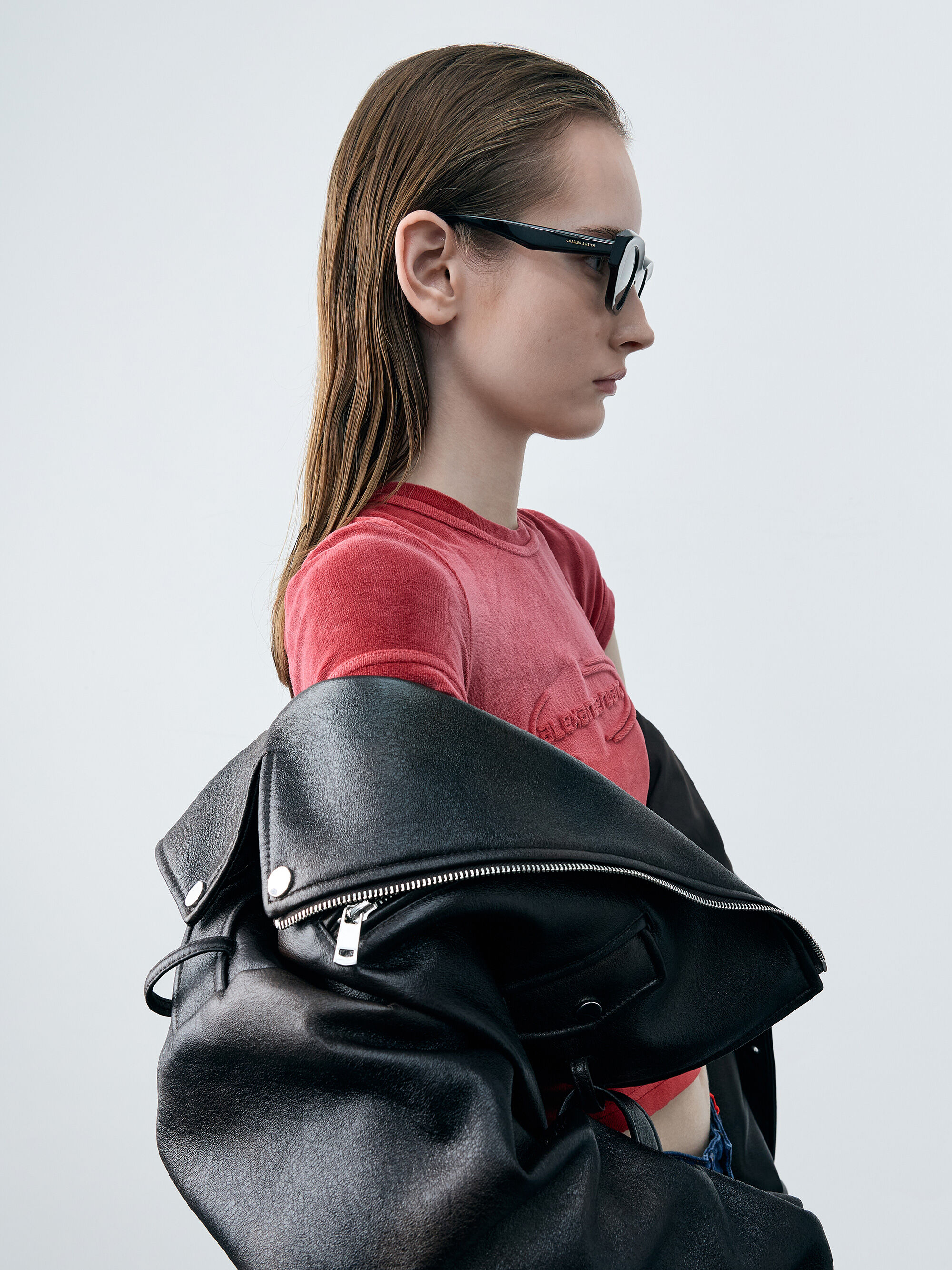 アセテートジオメトリックフレームキャットアイサングラス - ブラック