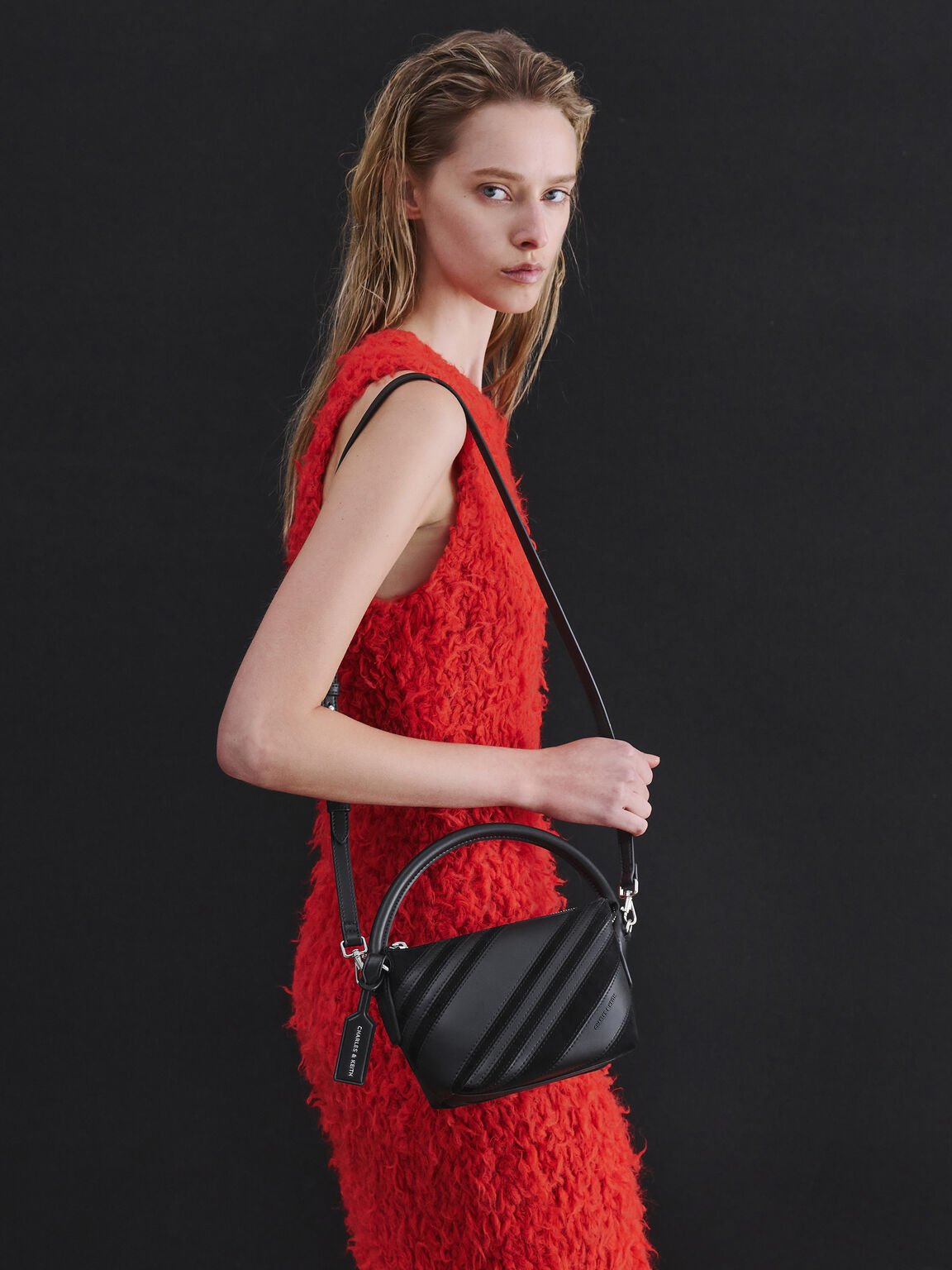 Zeya リサイクルスエード ストライプショルダーバッグ, ノワール, hi-res