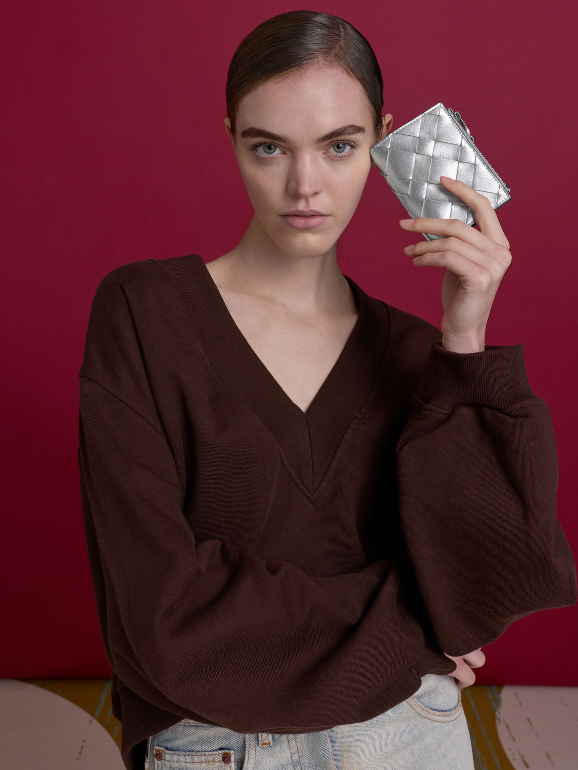 Ivette イヴェット ウーブントップジップスモールウォレット, シルバー, hi-res