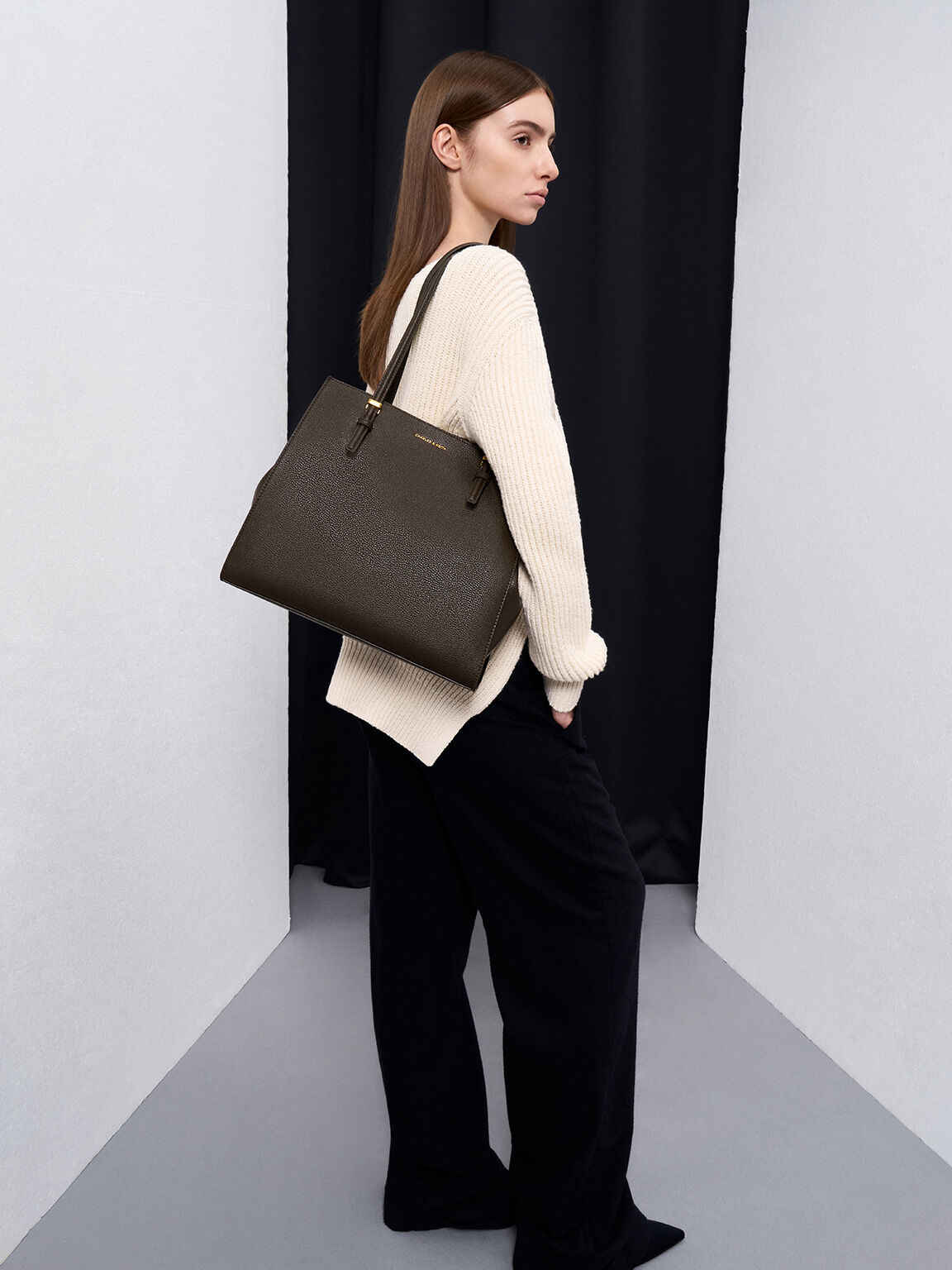 Sansa サンサ クラシックダブルハンドルトートバッグ - ダークモス