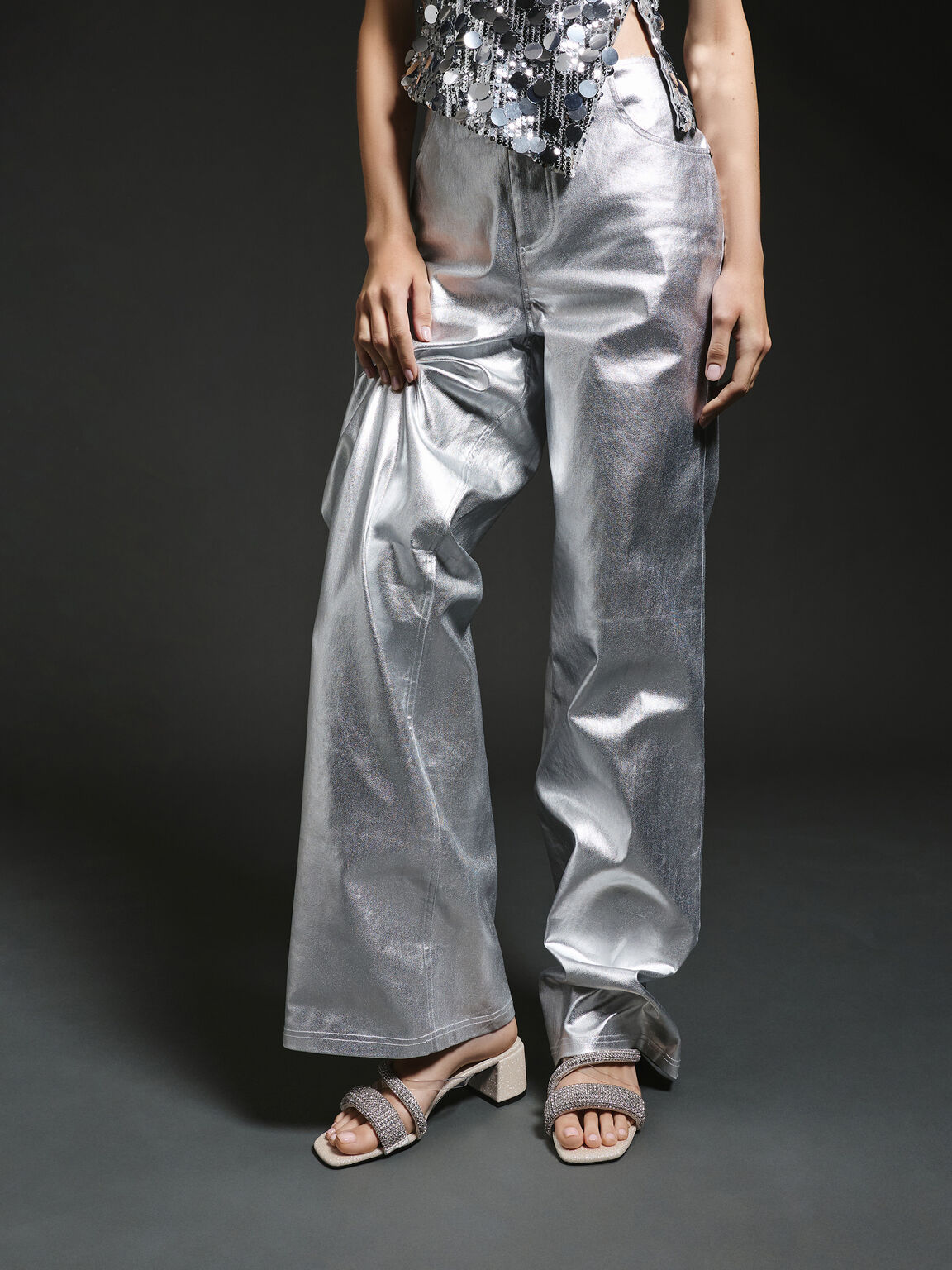 クリスタル エンベリシュッドヒールサンダル, クリーム, hi-res