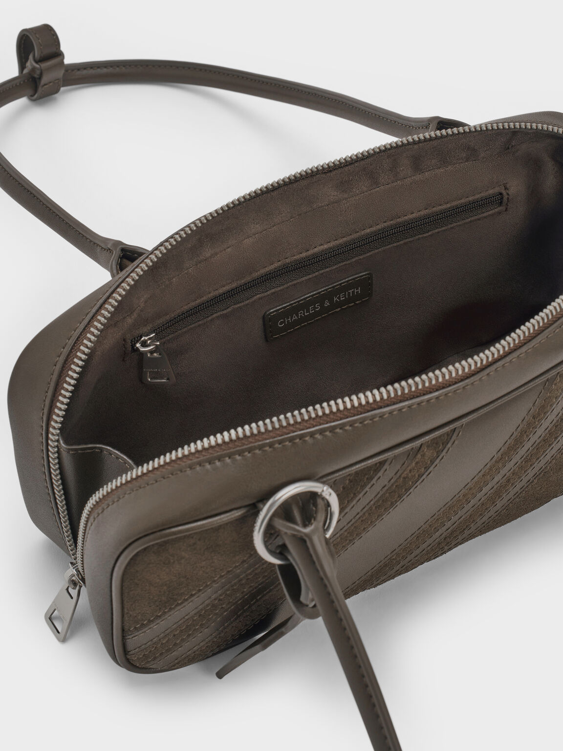 Zeya リサイクルスエード ストライプショルダーバッグ, ダークモス, hi-res