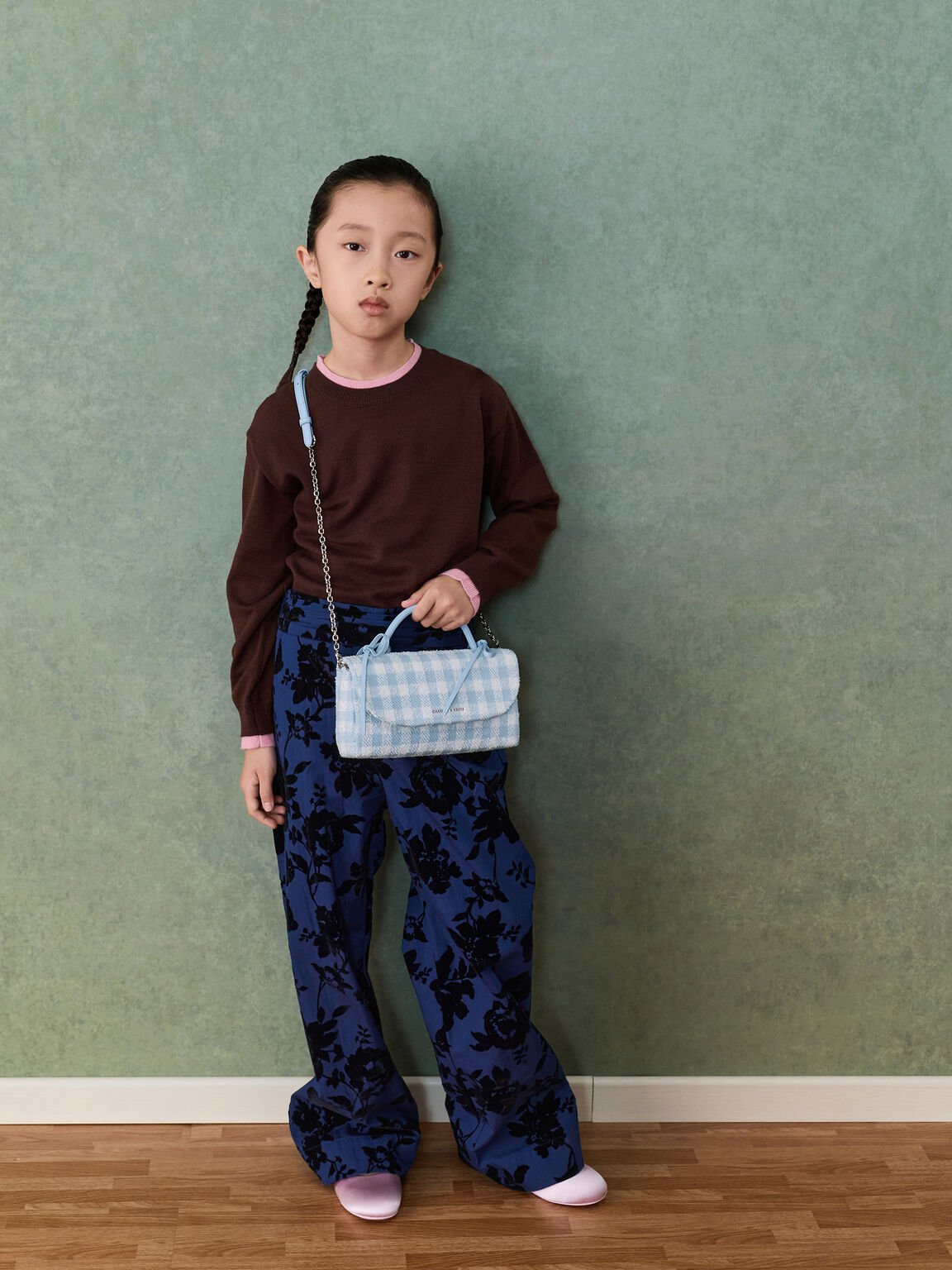 Hazel ヘーゼル ギンガムボウハンドル チェーンウォレット, ギンガムブルー, hi-res