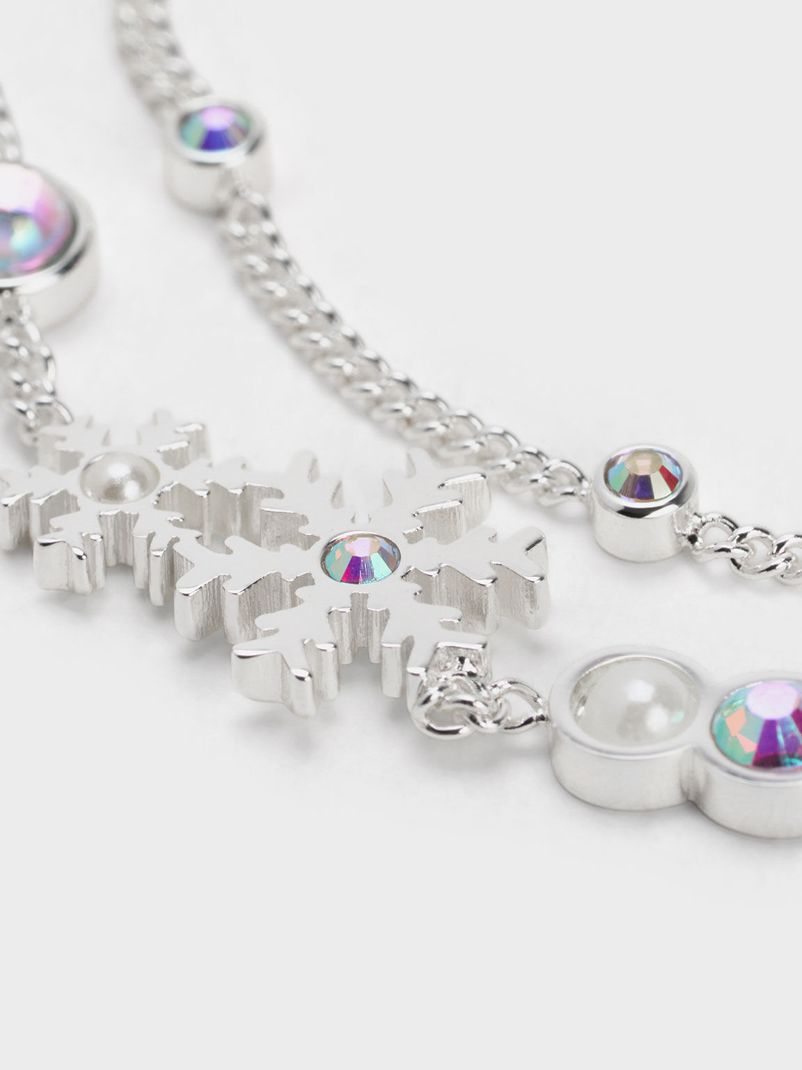 スノーフレークモチーフ パール&クリスタルダブルブレスレット, シルバー, hi-res