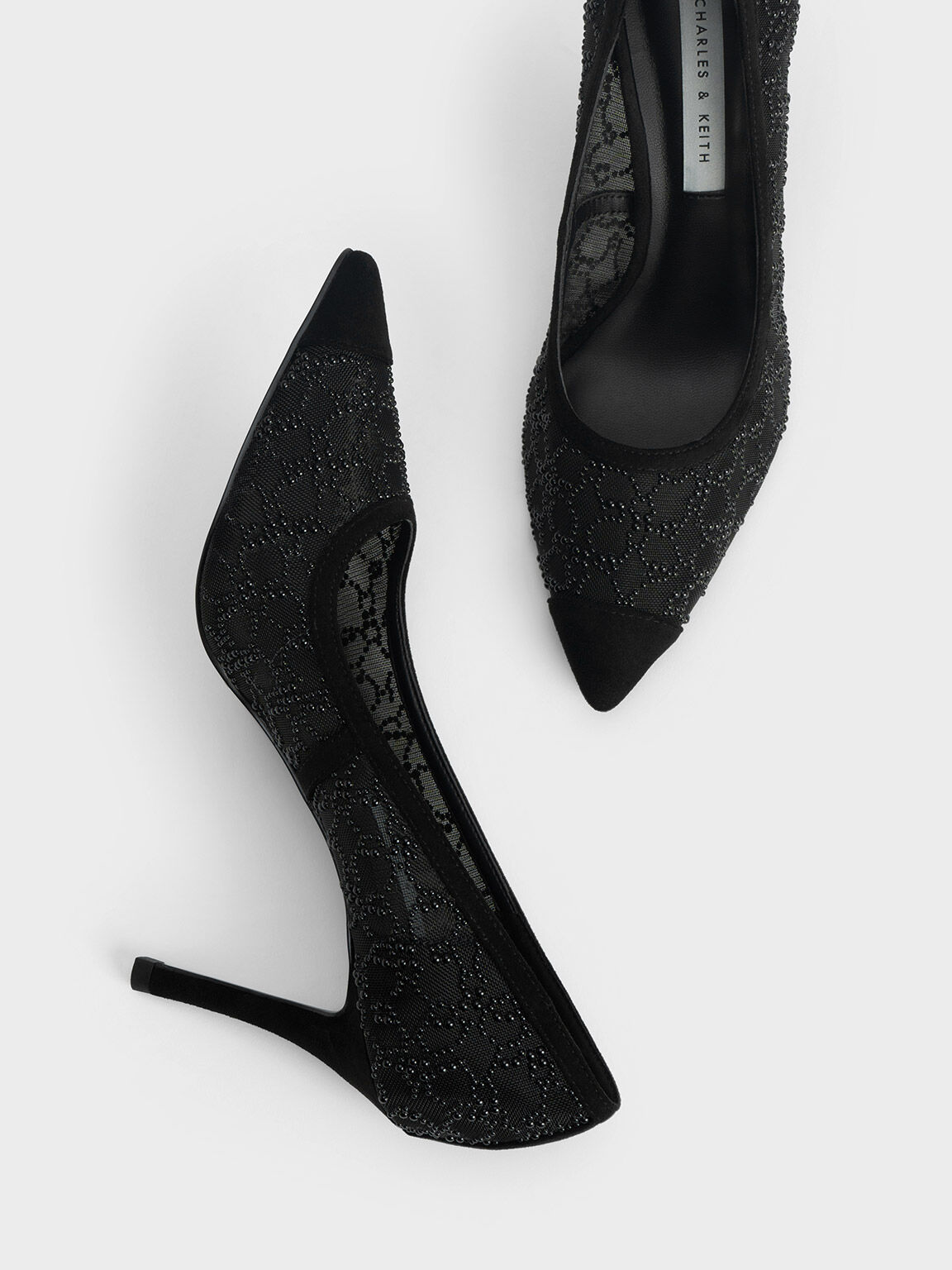 ビーズドエンベリッシュド メッシュパンプス, ブラック, hi-res