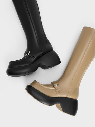 バックル プラットフォームロングブーツ - トープ | CHARLES & KEITH 