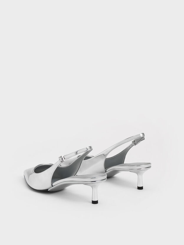 Curtis カーティス ポインテッドトゥキトゥンヒールスリングバックパンプス, シルバー, hi-res