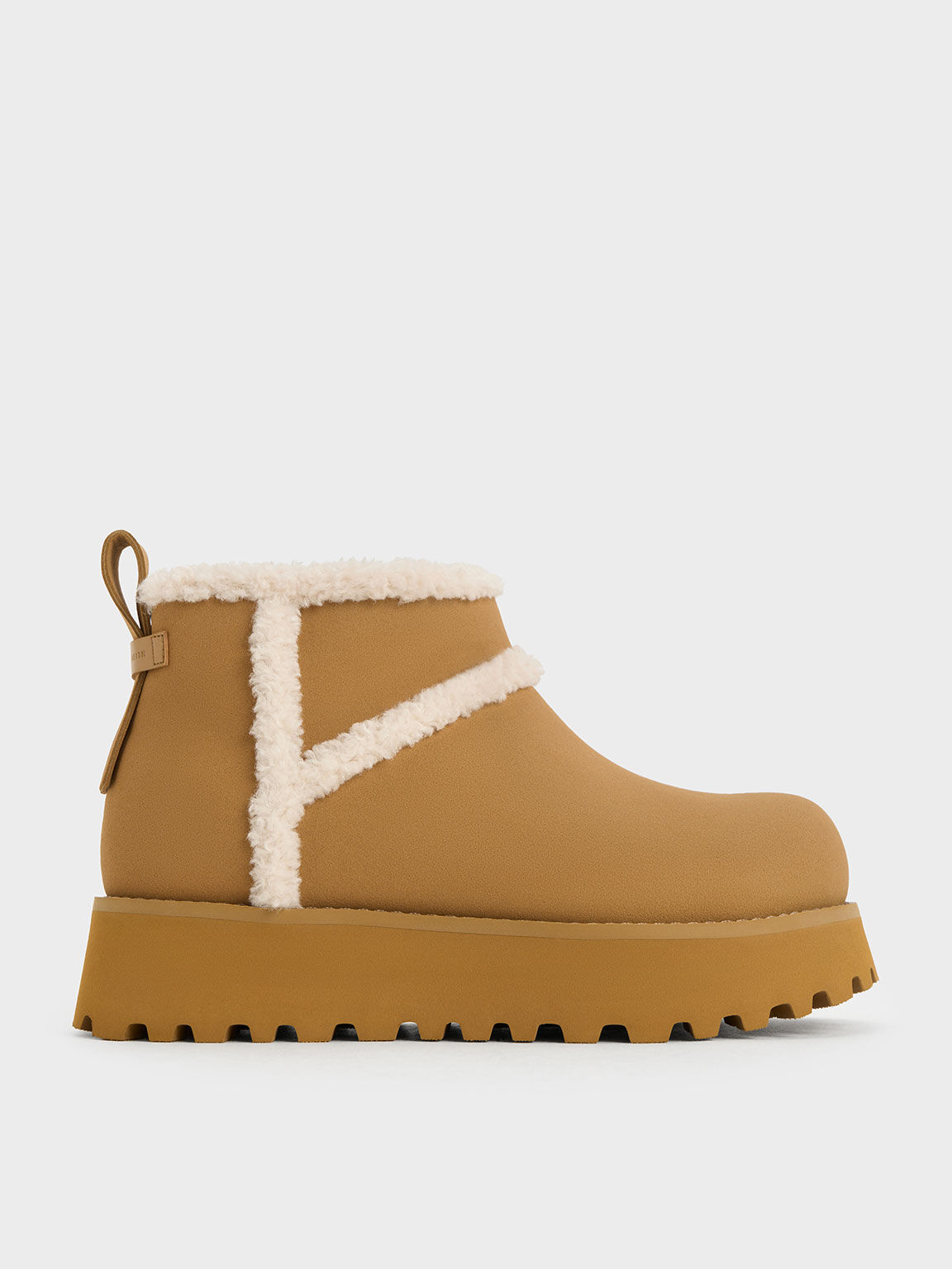 ファートリム フラットフォームアンクルブーツ, カーキ, hi-res