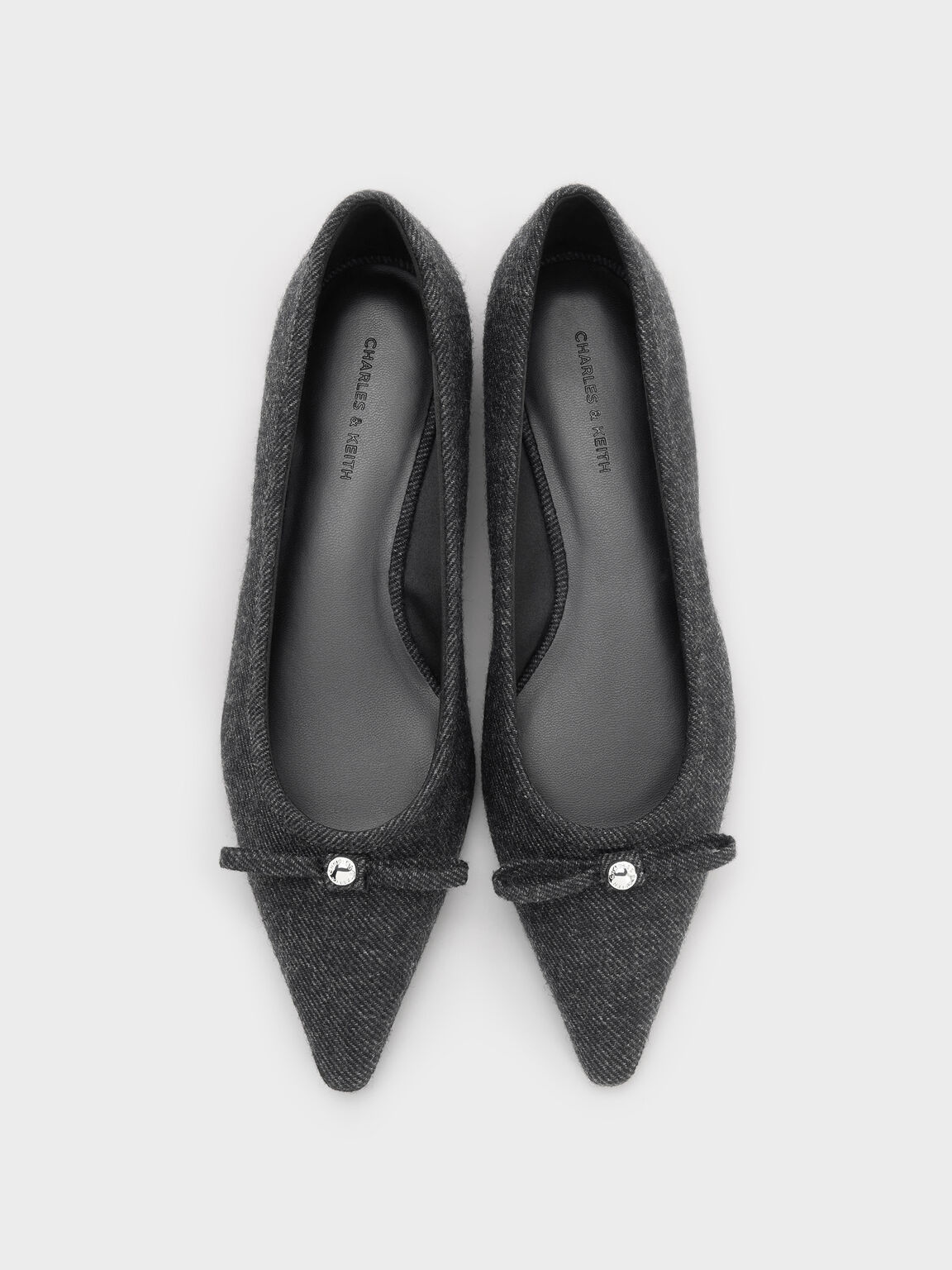フェルトボウ メタリックアクセントポインテッドトゥ バレエフラット, ダークグレー, hi-res
