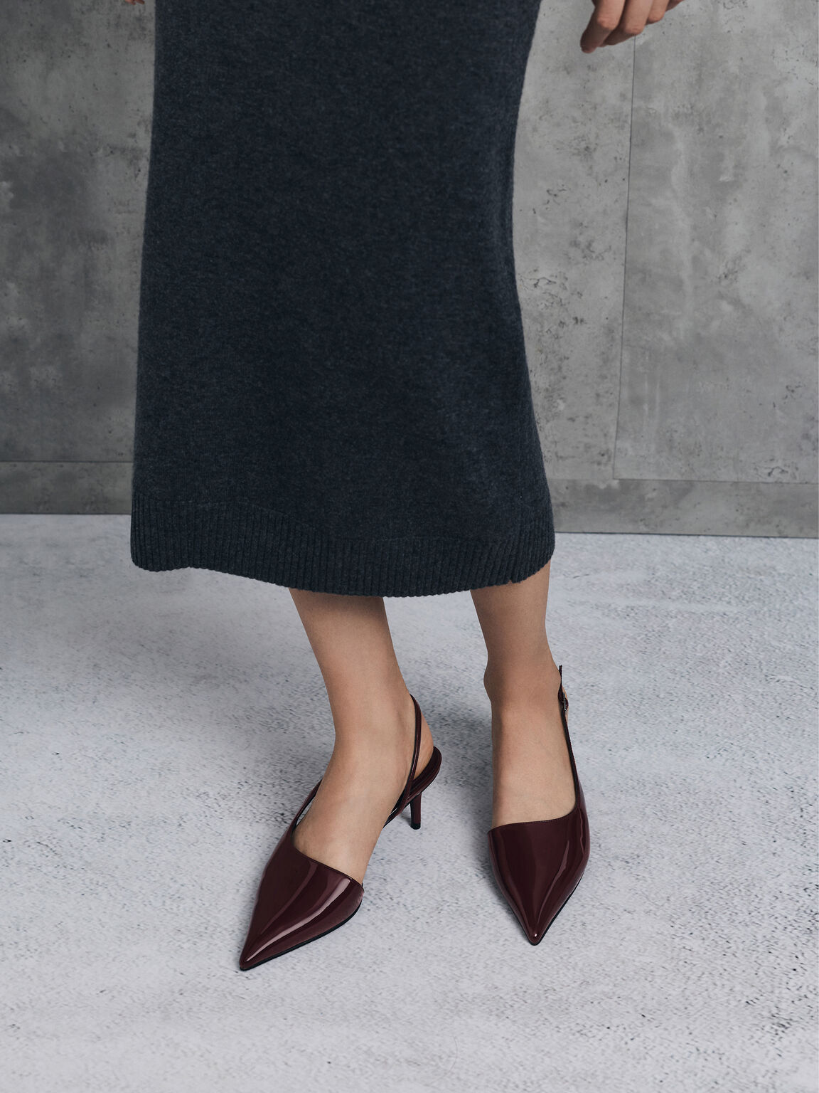 パテントキトゥンヒール ポインテッドトゥスリングバックパンプス, バーガンディ, hi-res