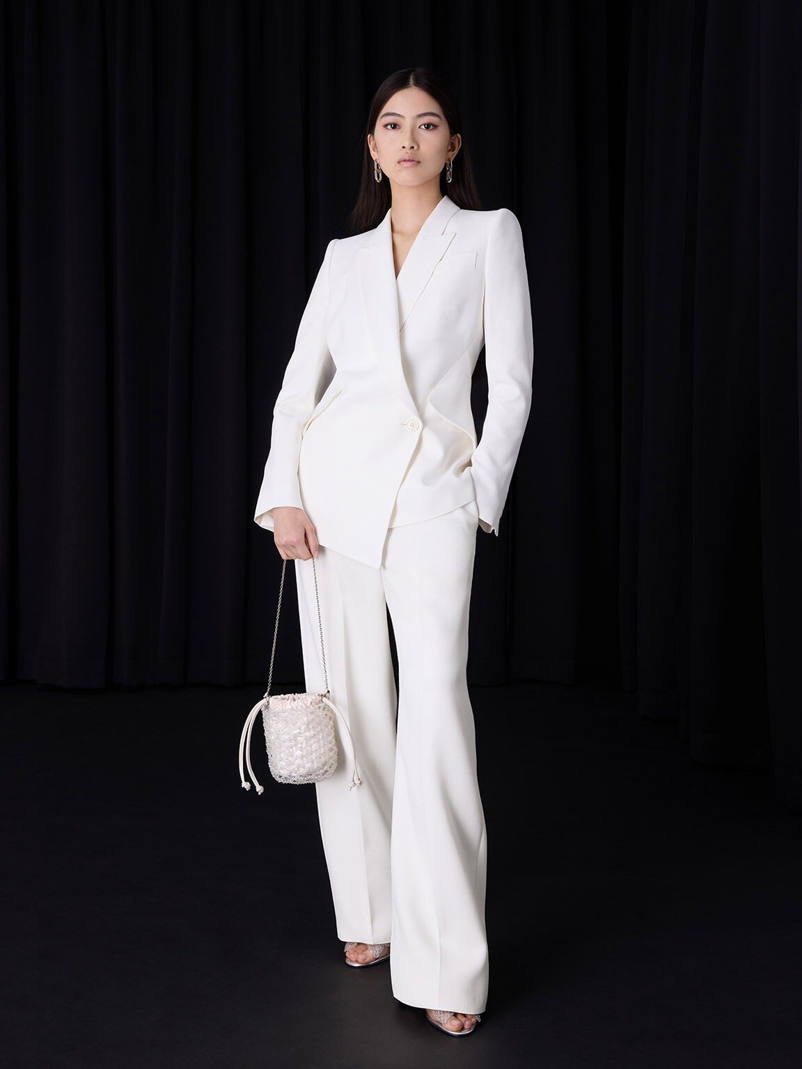 ビーズド チェーンハンドルバケツバッグ, ホワイト, hi-res