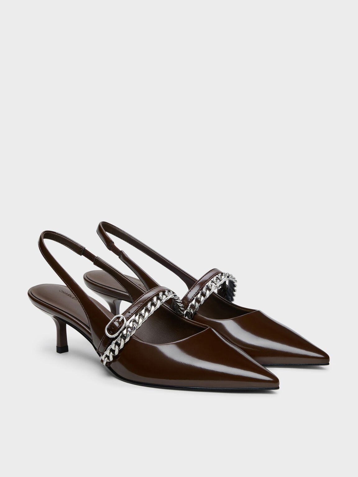 Georgie ジョージー チェーンスリングバック キトゥンヒール, ダークブラウン, hi-res