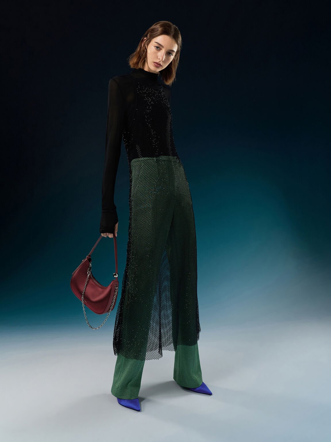 Jesmyn ジェスミン サテンクレセントツーウェイバッグ, バーガンディ, hi-res