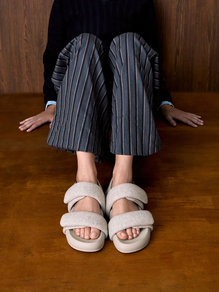 Light grey felt quilted slingback sandals, an elevated everyday pair.