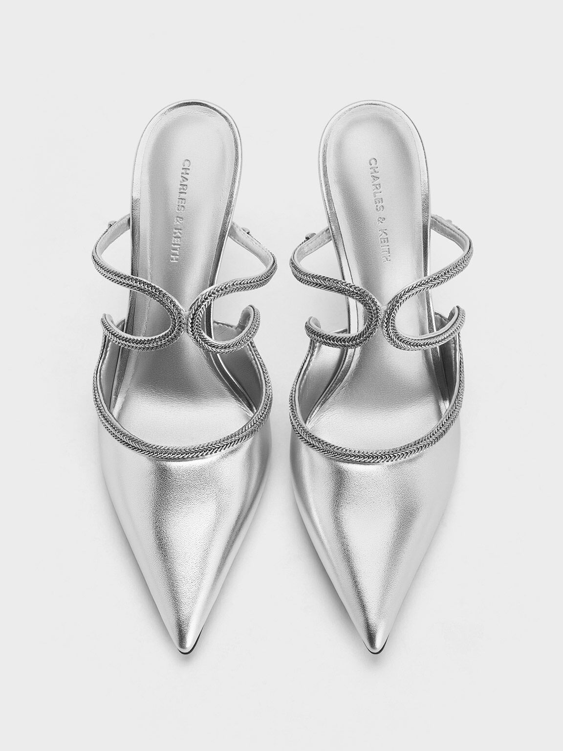 Women’s metallic braided-strap stiletto-heel mules in silver - CHARLES & KEITH
