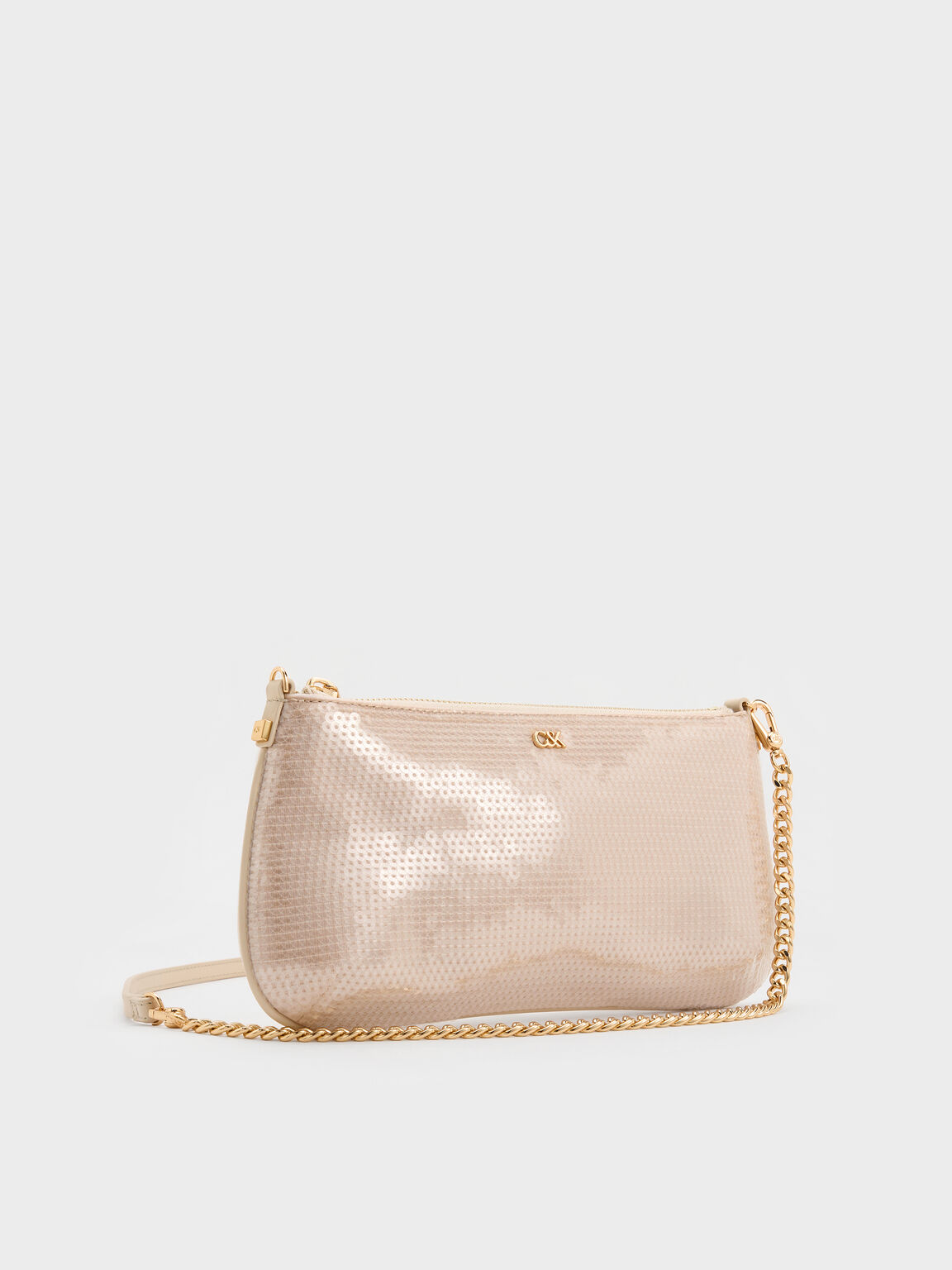 レザー&メッシュ スパンコールショルダーバッグ - シャンパンヌード – CHARLES & KEITH