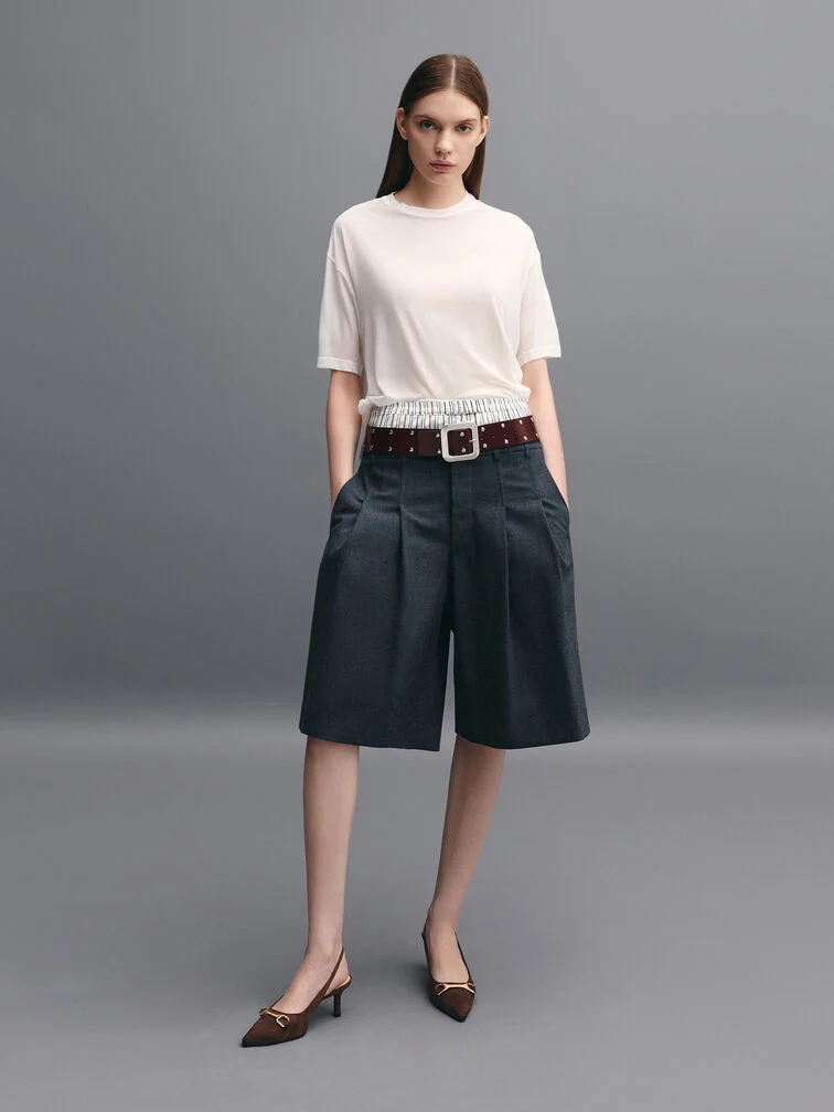 Dark brown metallic-accent slingback pumps, perfect for grounding a casual t-shirt and long shorts combination.