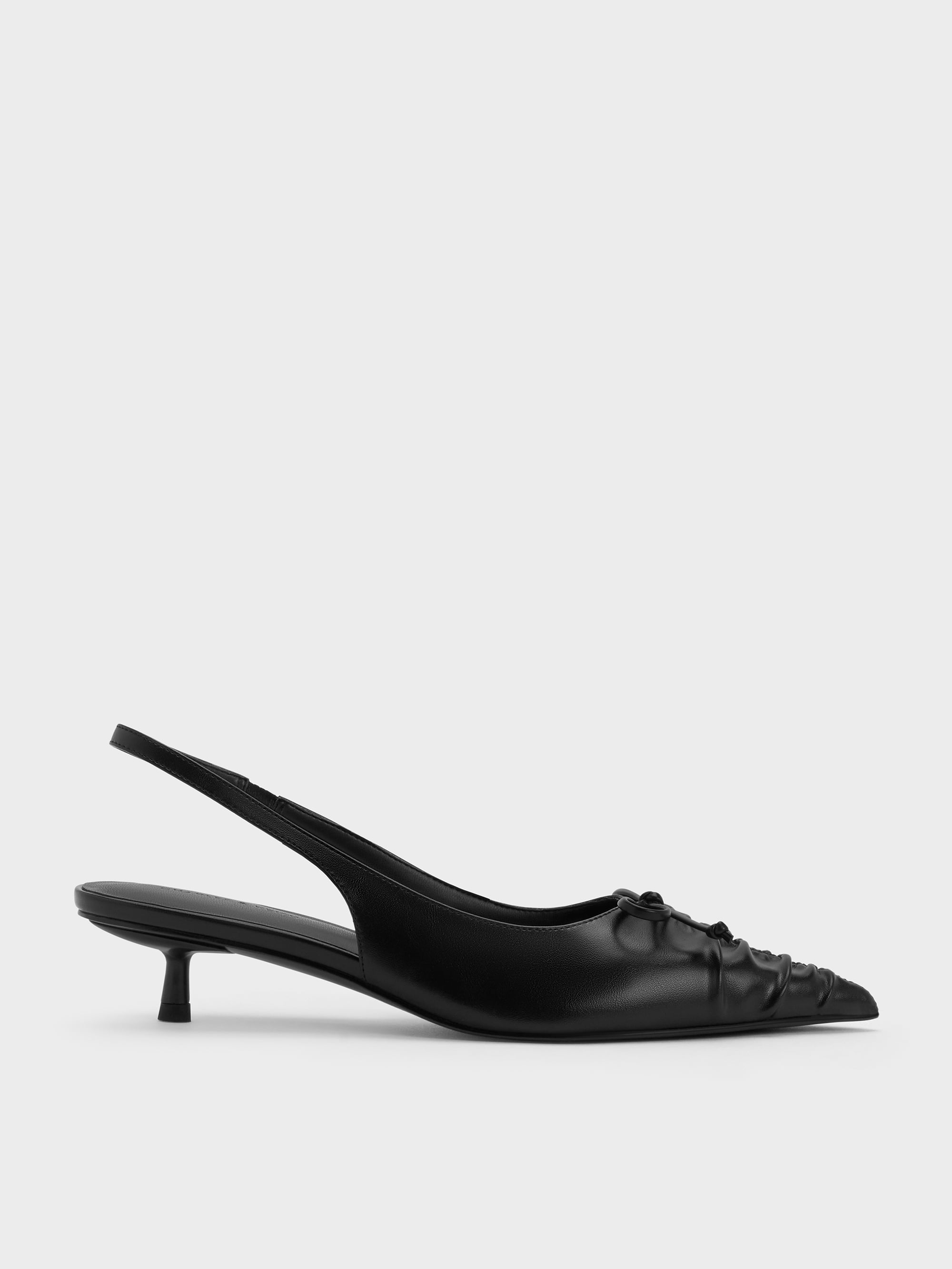 charles&keith ルーシュド ボウスリングバックキトゥンヒール ルーシュド ボウスリングバックキトゥンヒール - ブラック | CHARLES