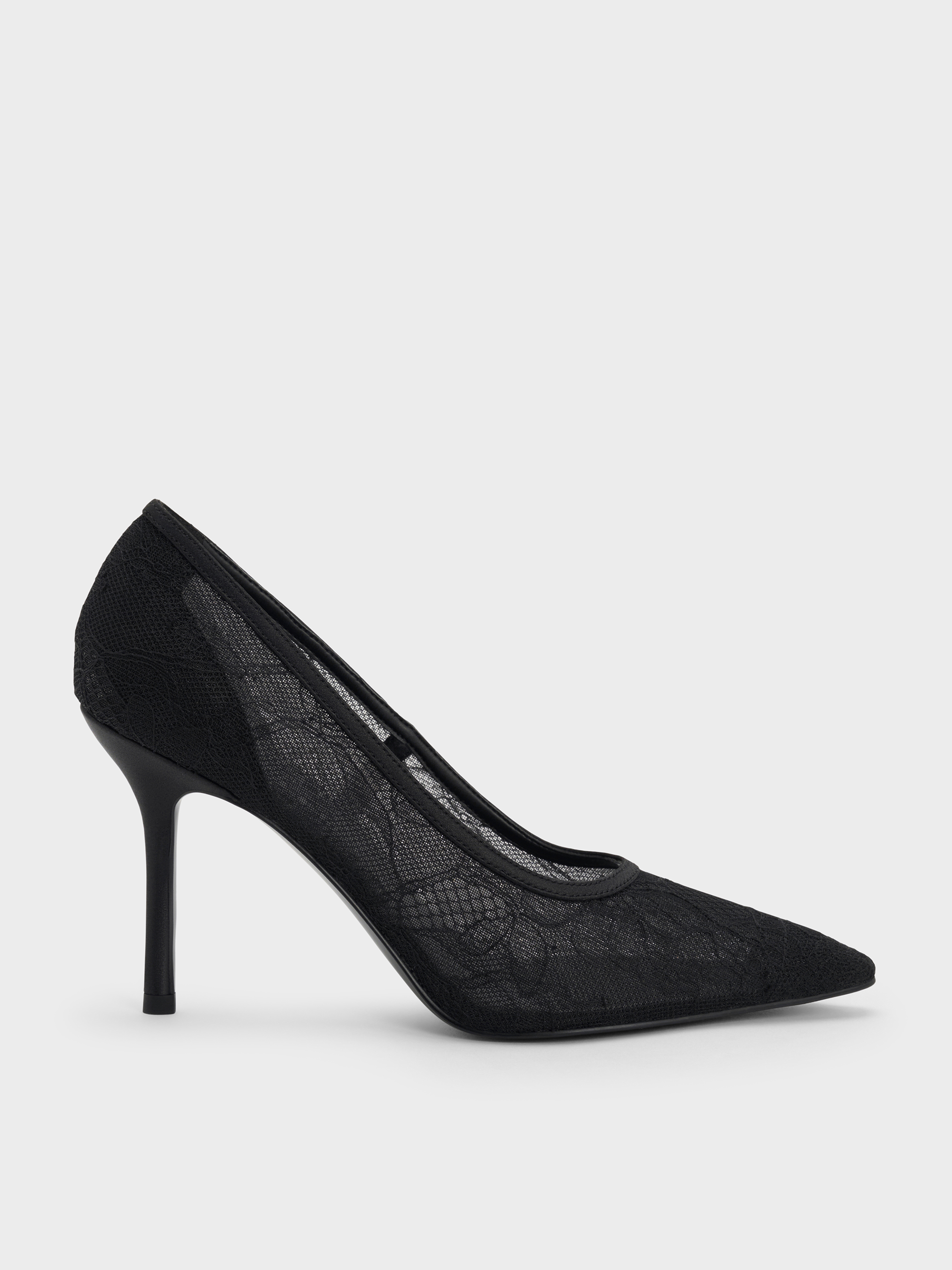 レース&サテン ポインテッドトゥスティレットヒールパンプス